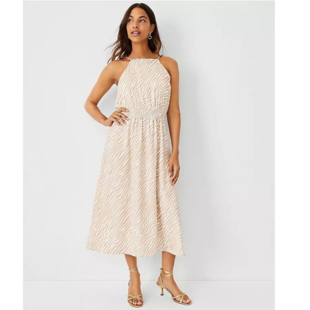 Ann Taylor Zebra Animal Print Satin Elastic Waist A-Line Midi Dress Tan XS